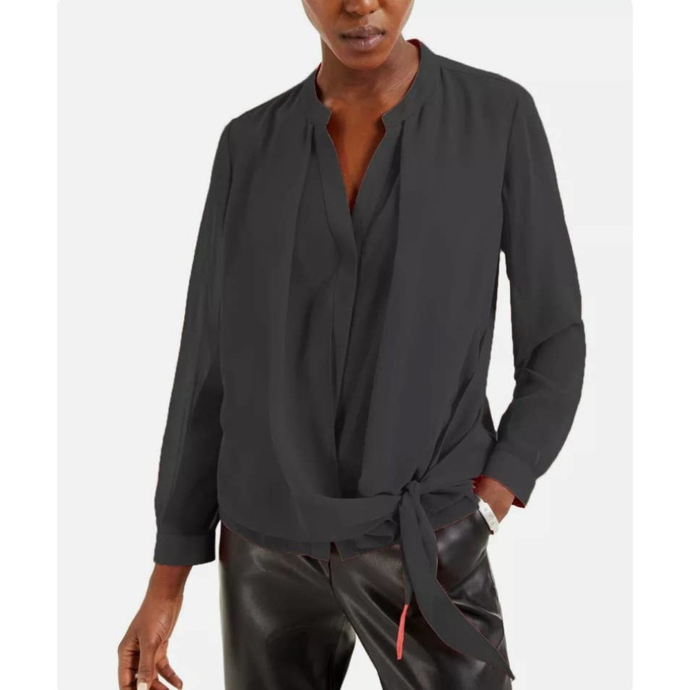 Alfani Black Long Sleeve Side Tie Blouse Medium
